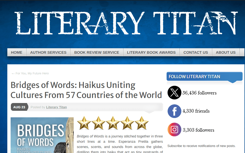 “Bridges of Words” receives 5 stars from Literary&nbsp;Titan