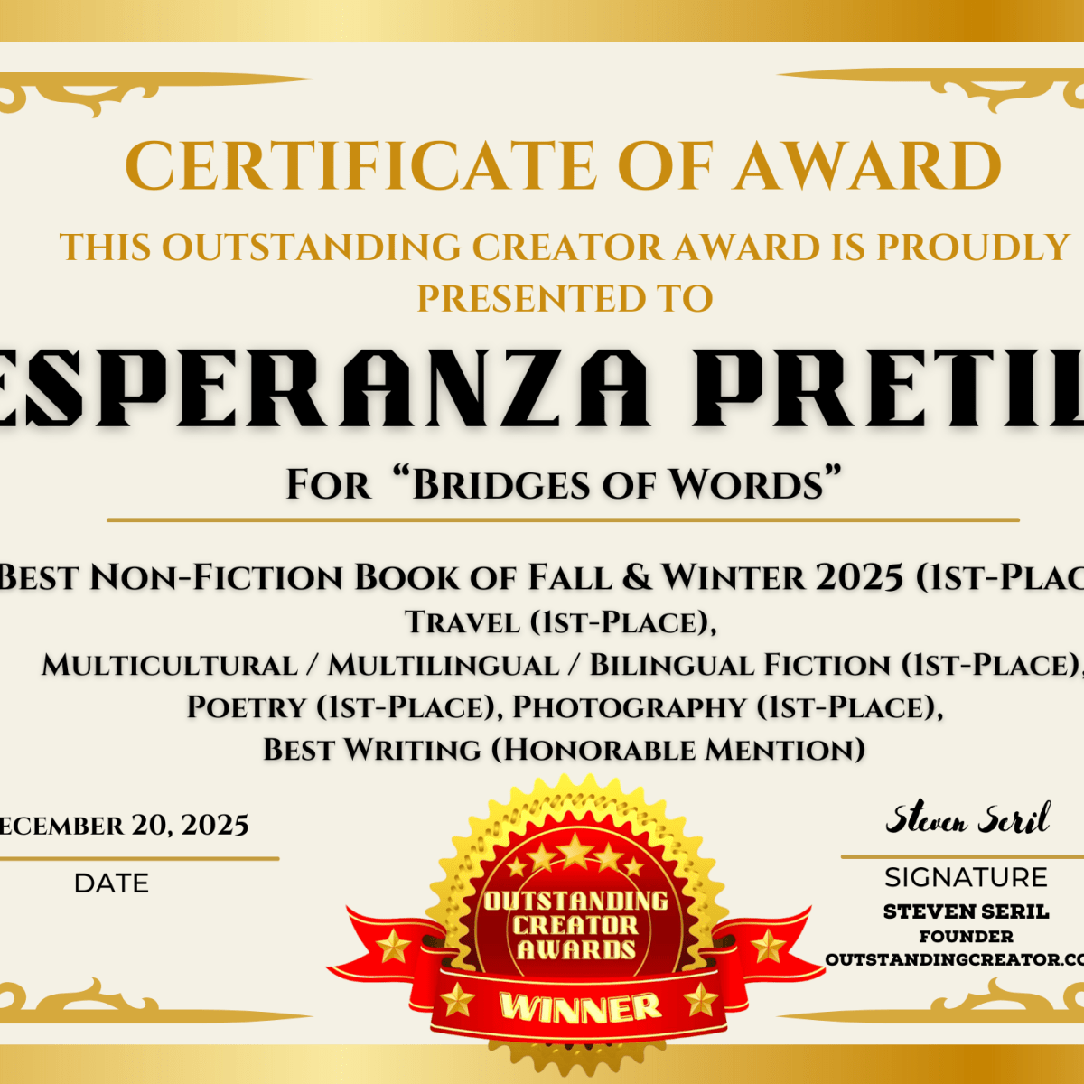 “Bridges of Words” Receives Multiple Outstanding Creator Award&nbsp;Titles